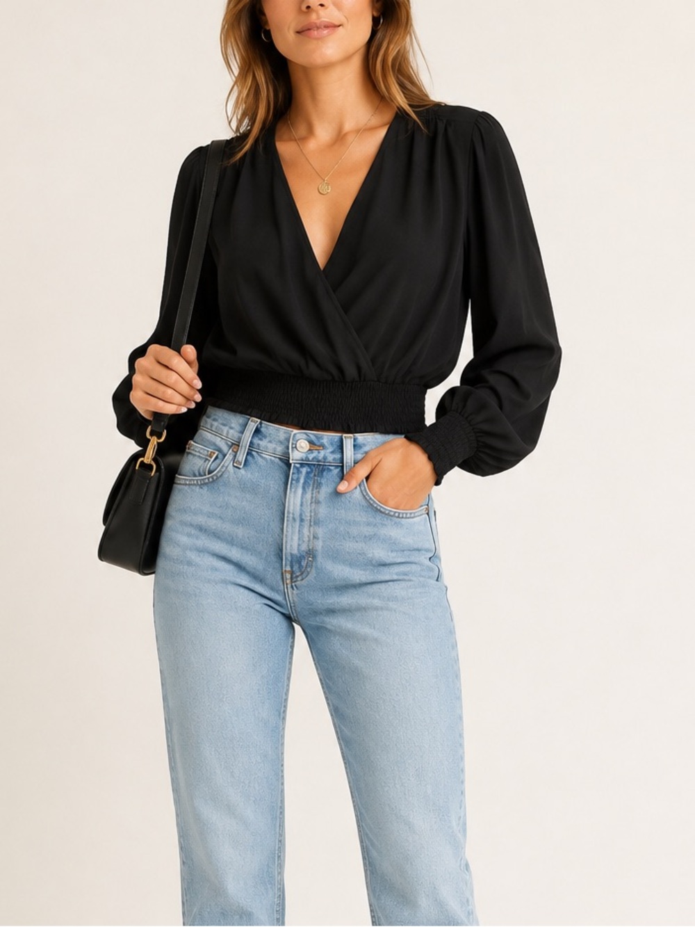 Aritzia Wilfred Black Flowy Deep V Smocked Waist Long Sleeve Blouse M